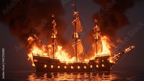 Cinematic Realistic Burning Pirate Ship on a Dark Sea with a Plume of Smoke
