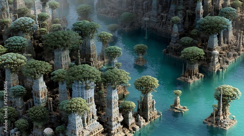 A surreal, otherworldly landscape with towering, tree-like structures rising from turquoise waters, featuring a mix of natural and man-made elements.