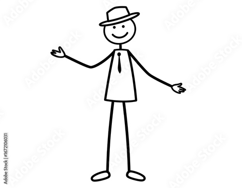 Simple stick figure man, hat, tie, welcoming gesture