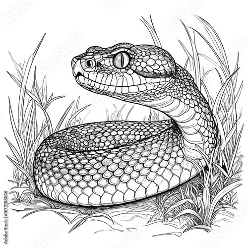 Detailed black and white line art illustration of a coiled venomous viper snake.