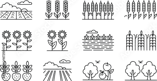 Collection of hand-drawn farm fields trees and crops for agricultural designs