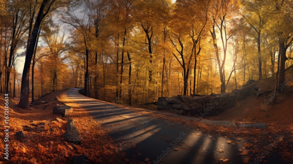 Obraz premium A serene autumn landscape, a winding dirt road leading through a vibrant forest, sunlight filtering through the golden leaves, lush foliage surrounding the path, a tranquil and picturesque scene, atmo