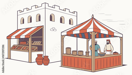 Trade tent vector illustration. Oriental bazaar or street marketplace with pottery, merchant stalls on white background. Marketing, Middle East, Thailand or India concept