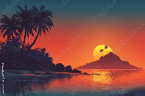 Tropical island sunset, vibrant colors