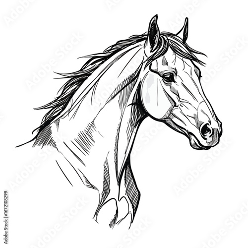 Monochrome line art sketch of a majestic horse head with a flowing mane.