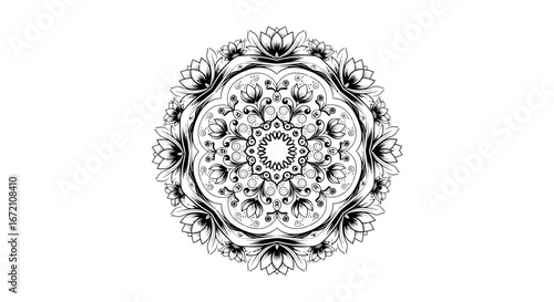 Ornate Floral Mandala Design with Prominent Lotus Flowers and Intricate Details on an Isolated White Background