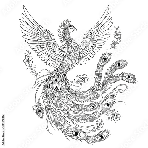 Ornate mythical phoenix bird with spread wings and a long peacock tail in a detailed line art illustration.