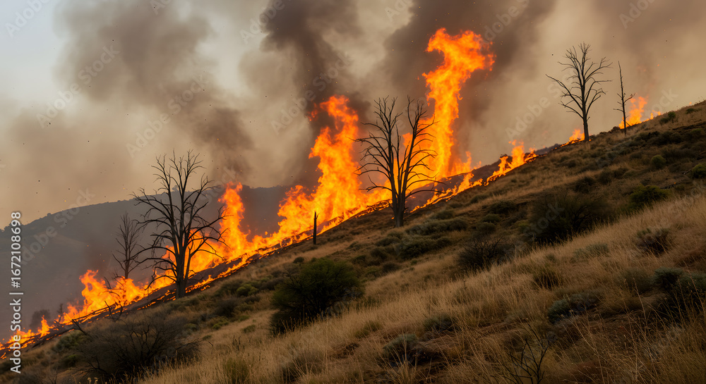 Fototapeta premium Wildfire Burning on Hillside with Charred Trees and Smoke in Dry Landscape