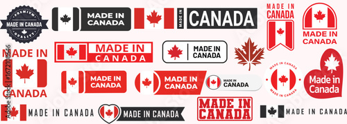 Made in Canada label design-vector badge with Canadian flag and maple leaf symbol.