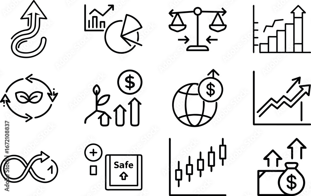 Fototapeta premium Business Finance Growth Icon Set – Money Investment, Stock Market, Economy Analysis, Chart, Arrow Up, Profit and Success Strategy Line Icons Pack for Web, Infographic and Presentation Design