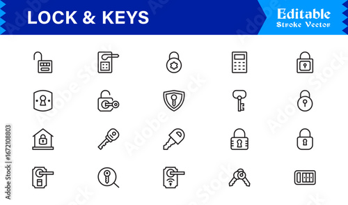 Lock And Security Line Icon Set – Modern Minimal Pixel Perfect Keys, Padlock And Safety Line Icon Collection