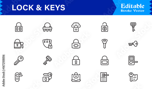 Lock And Security Line Icon Set – Modern Minimal Pixel Perfect Keys, Padlock And Safety Line Icon Collection