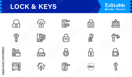 Lock And Security Line Icon Set – Modern Minimal Pixel Perfect Keys, Padlock And Safety Line Icon Collection