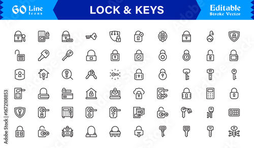 Lock And Security Line Icon Set – Modern Minimal Pixel Perfect Keys, Padlock And Safety Line Icon Collection