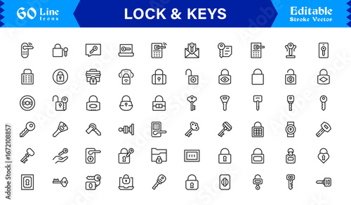 Lock And Security Line Icon Set – Modern Minimal Pixel Perfect Keys, Padlock And Safety Line Icon Collection