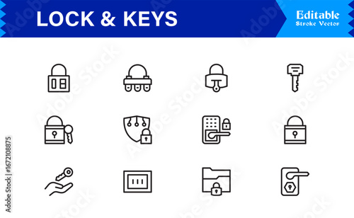 Lock And Security Line Icon Set – Modern Minimal Pixel Perfect Keys, Padlock And Safety Line Icon Collection