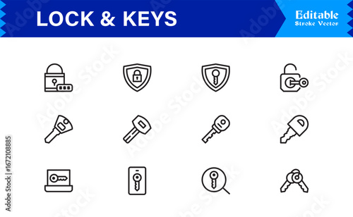 Lock And Security Line Icon Set – Modern Minimal Pixel Perfect Keys, Padlock And Safety Line Icon Collection