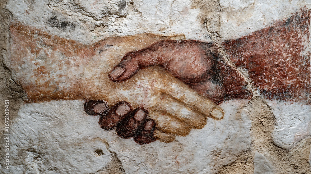 Naklejka premium Ancient fresco depicting two hands shaking, set against a stone wall.