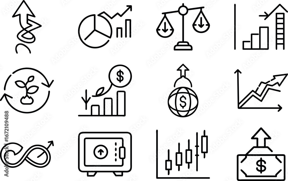 Obraz premium Business Finance Growth Icon Set – Money Investment, Stock Market, Economy Analysis, Chart, Arrow Up, Profit and Success Strategy Line Icons Pack for Web, Infographic and Presentation Design