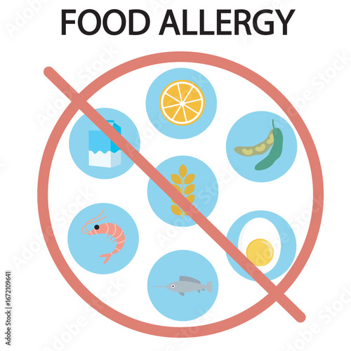 Food allergy vector illustration showing symptoms like hives, swelling, vomiting, and breathing difficulty, with similar conditions such as food intolerance and celiac disease.icon