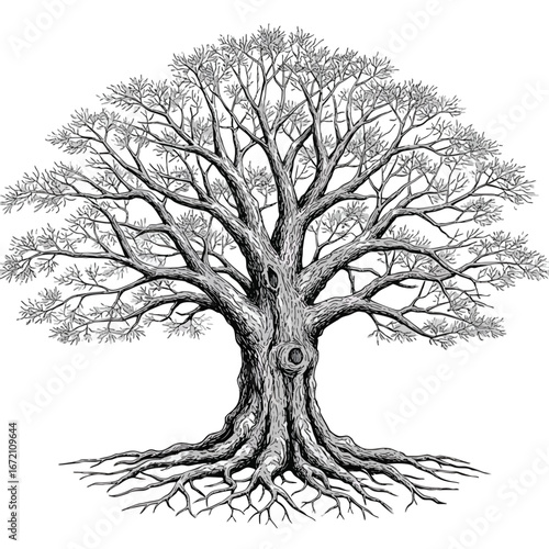 Vintage black and white engraving of a majestic leafless oak tree with a gnarled trunk and sprawling roots.