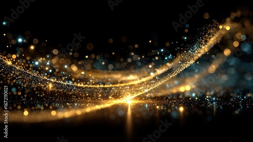 Golden particles swirling on a black background