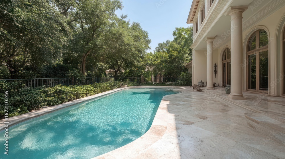 Fototapeta premium Expansive mansion backyard showcasing a pristine pool area surrounded by lush greenery