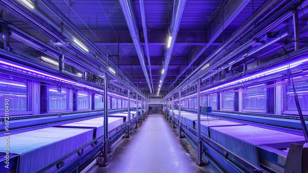 Fototapeta premium Textile factory machines glow with purple lights, highlighting an efficient workspace.