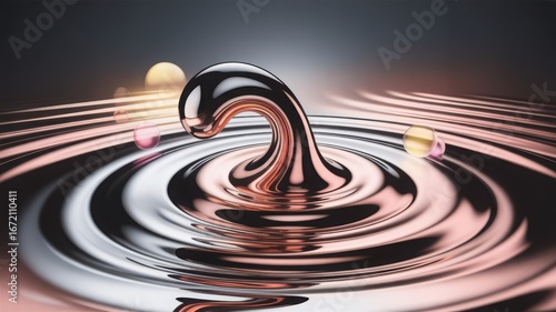 Metallic liquid sculpture with swirling ripples and spheres chrome