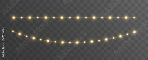 Vector Christmas lights. Christmas decorations with lamps, garlands, and 3D objects on a transparent background. Festive design.  Christmas garland PNG. Christmas light PNG. 