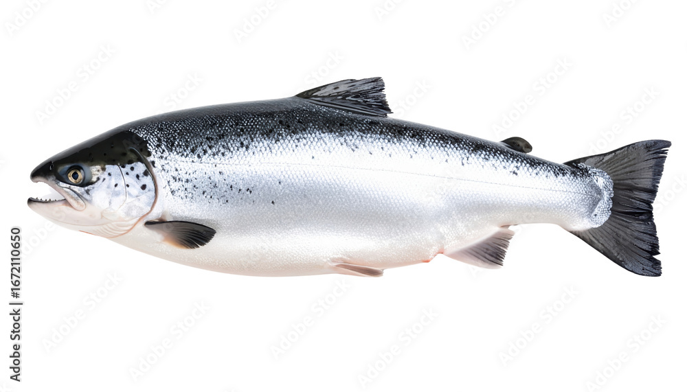 Obraz premium Shiny Salmon: This captivating close-up of a fresh, silvery salmon showcasing its vibrant scales and sleek form, a testament to nature's elegant design and culinary versatility.