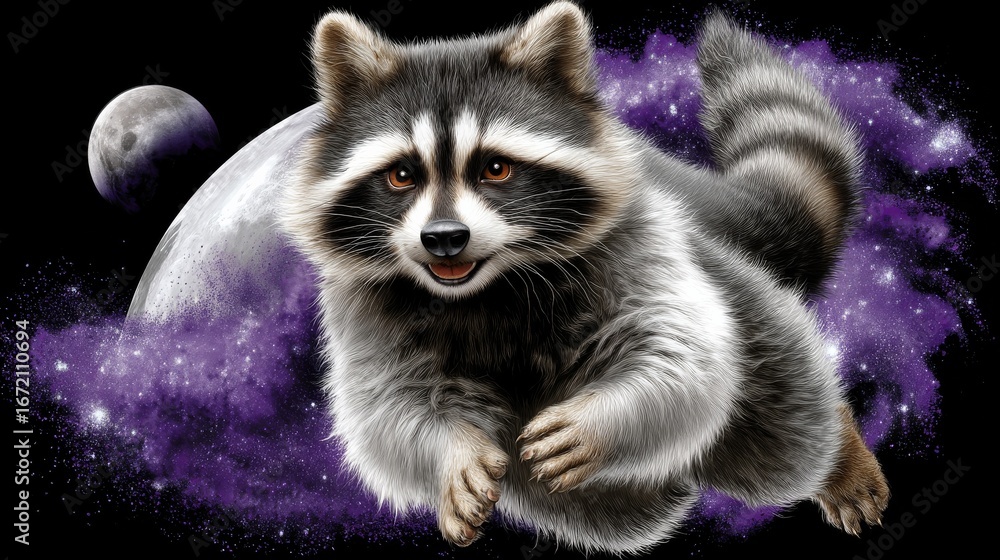 Obraz premium Cartoon Raccoon Astronaut Floating in Space with Stars and Planets