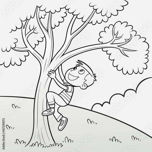 Boy Climbing Tree Coloring Page Illustration.