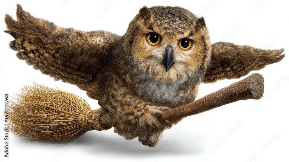 Obraz premium Cartoon Owl Wizard Flying on a Magical Broomstick with Outstretched Wings and Determined Expression