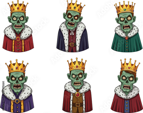 Cartoon zombie kings with golden crowns and royal cloaks showing different facial expressions, perfect for horror, fantasy, and undead themes.