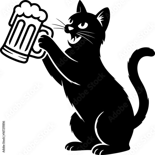 Playful black silhouette of a cheerful cat raising a frothy beer mug in a fun, celebratory gesture, ideal for bar and pub designs