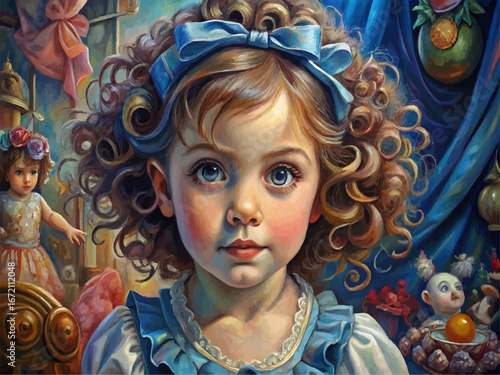 Young girl with curly brown hair, blue eyes, wearing blue dress and bow.
