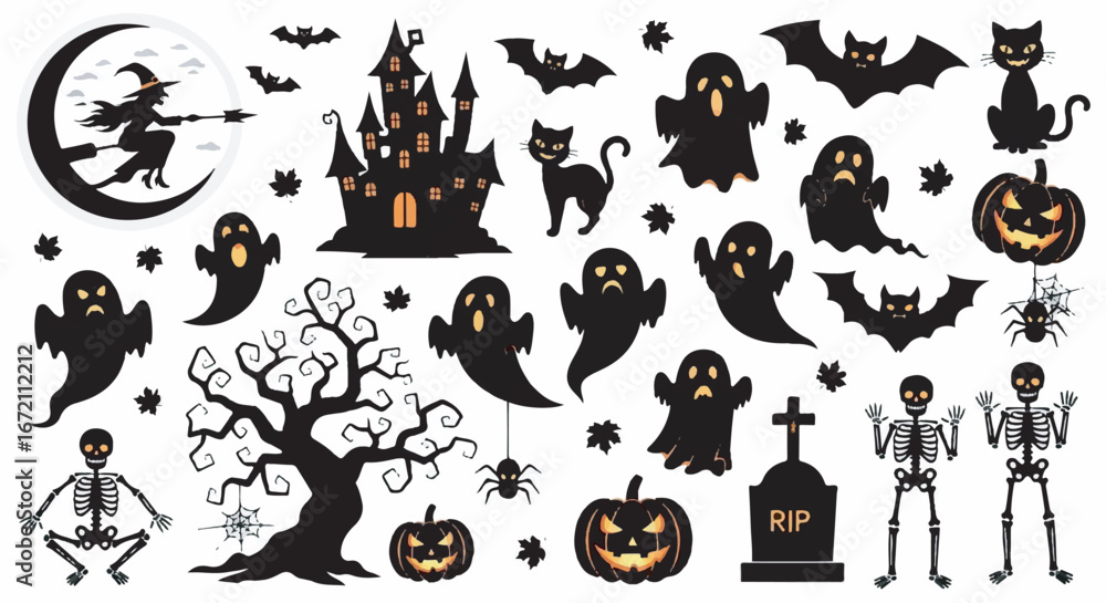 Naklejka premium Silhouetted Halloween elements create spooky scene with witch flying on broom, haunted house, ghosts, bats, pumpkins, and skeletons for festive celebration.