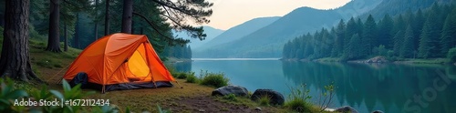 A cozy camping scene at the heart of a serene wilderness, featuring a well-equipped campsite nestled amongst towering trees and a tranquil lake , cooler, tent