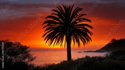 Silhouette of a Palm Tree Against a Vibrant Sunset Sky Over the Ocean at a Beach