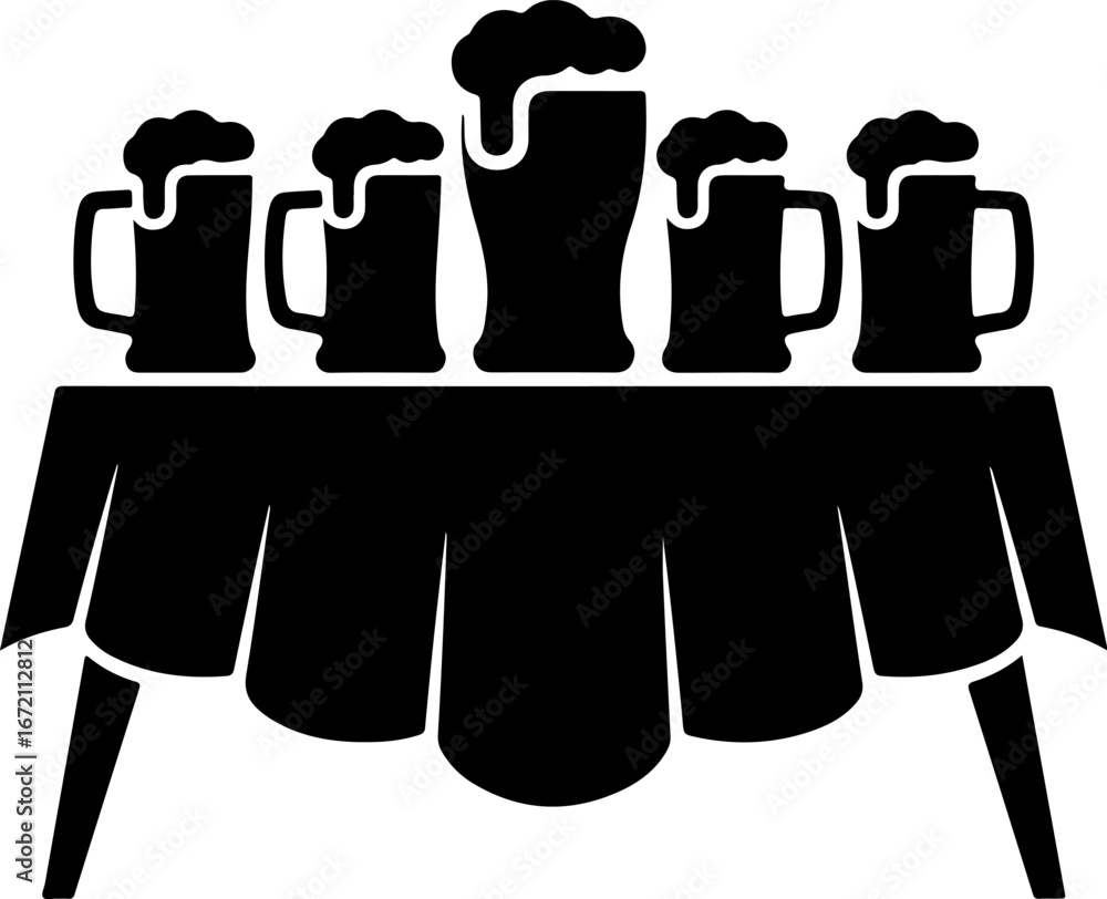 Fototapeta premium Black silhouette of five beer mugs with frothy foam spilling out, displayed on a table