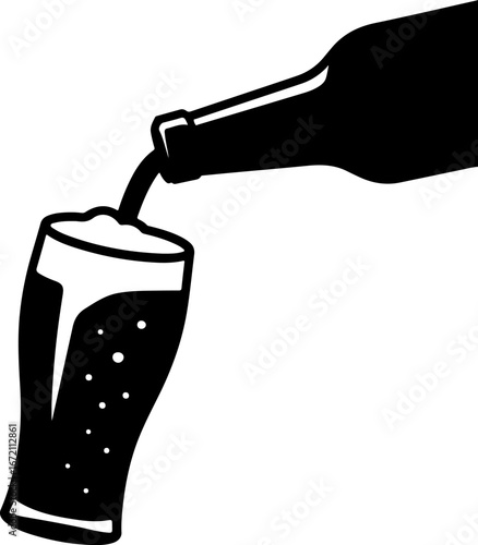 Black and white vector illustration of beer pouring into a glass