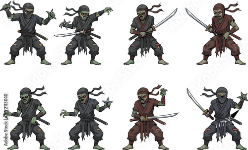 Cartoon zombie ninjas in tattered black and red outfits with swords and shurikens, displaying various fighting poses and action stances.