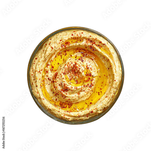 Delicious Hummus with Olive Oil and Paprika - Overhead Shot