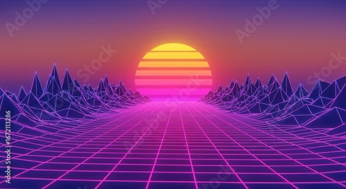 Retro Futuristic Grid Landscape with Setting Sun digital art