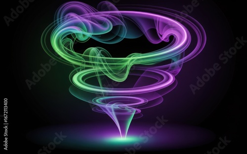 Swirling abstract green and purple smoke vortex against a dark background energy