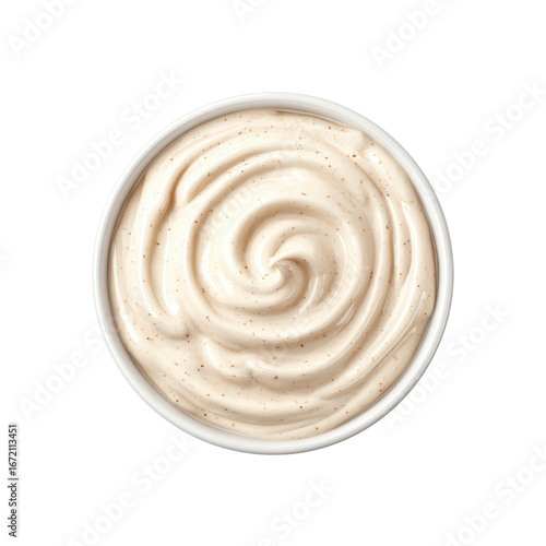 Creamy Swirled Sauce in White Bowl - Overhead Shot