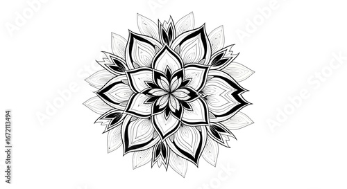 Detailed Black and White Mandala Design for Relaxation and Meditation on Isolated White Background