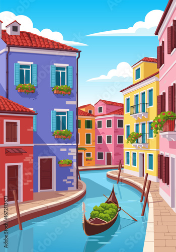A charming canal-side view in Venice, Italy, with colorful buildings and a gondola carrying greenery, evoking a sense of serene beauty and historic charm