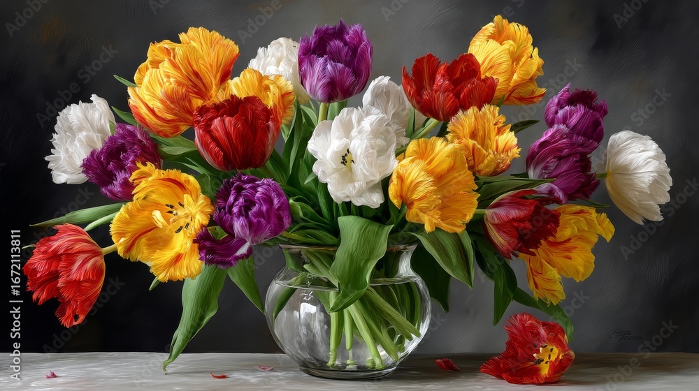 Fototapeta premium Vibrant Bouquet of Colorful Tulips in a Clear Vase with Lush Green Foliage